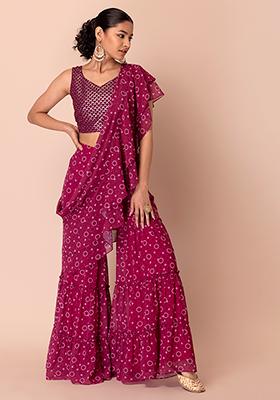 Pink Dabu Print Sharara With Attached Pallu And Embroidered Blouse (Set of 2)
