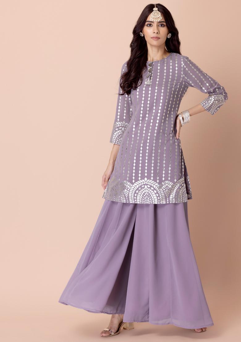 Beige to Peach Chikan Long Kurta Top with Peach Palazzo Pants and Silver  Highlights - Seasons India