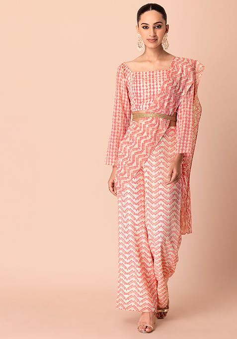 Pink Top And Printed Palazzo Pants With Attached Dupatta And Belt (Set of 3)