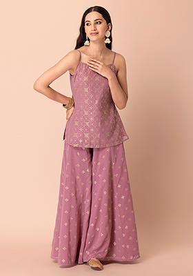 Light Pink Foil Print Sharara And Short Kurta (Set of 2)