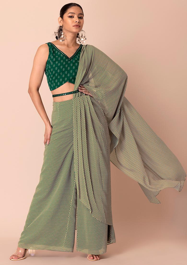 Green Puff Sleeved Top Palazzo With Attached Dupatta 390TB04
