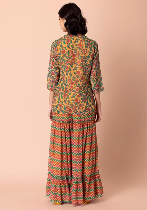 Orchid pink hand block printed short angrakha kurta with embroidered neckline, paired with off white cotton straight ankle length pants with embroidered boota at sides and all-over small floral booti.
