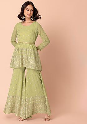 Lime Green Bandhani Printed Belted Short Kurta Set 