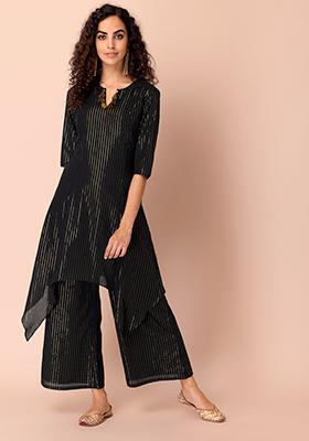 Black Lurex Striped Short Kurta Set 
