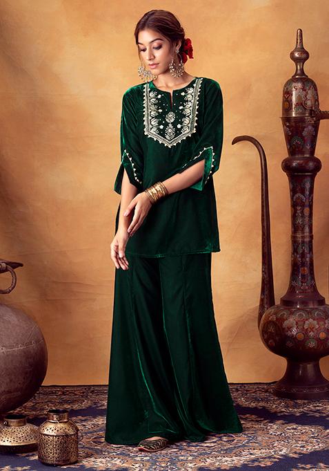 Green Velvet Sharara With Embroidered Short Kurta (Set of 2)