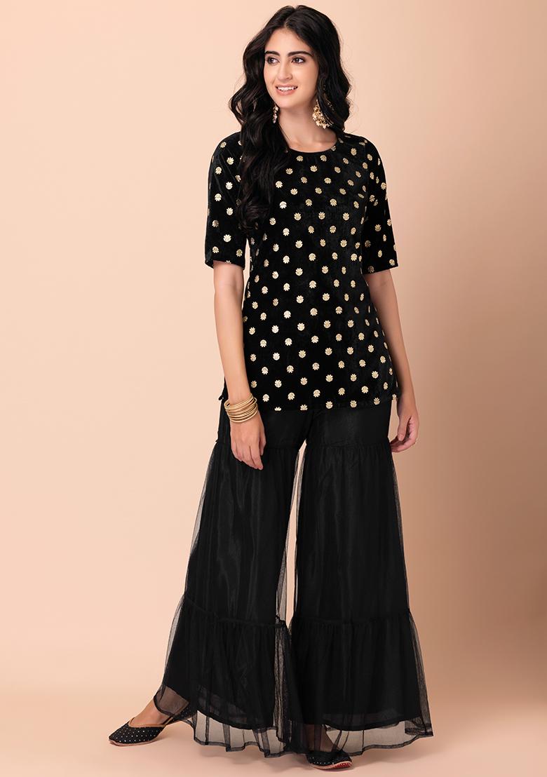 Black Mesh Sharara And Foil Print Velvet Short Kurta (Set of 2) - Indya
