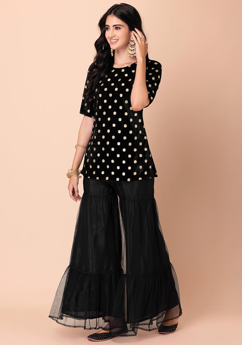 Black Mesh Sharara And Foil Print Velvet Short Kurta (Set of 2) - Indya