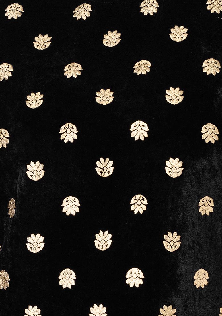 Black Mesh Sharara And Foil Print Velvet Short Kurta (Set of 2) - Indya