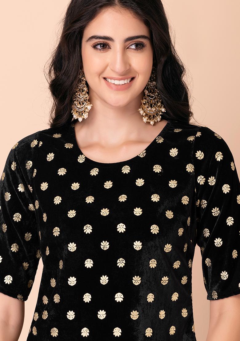 Black Mesh Sharara And Foil Print Velvet Short Kurta (Set of 2) - Indya