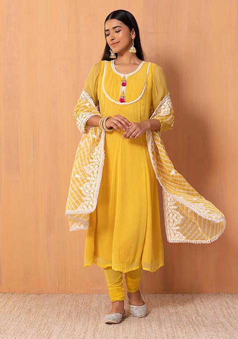 Yellow Anarkali Kurta With Churidar And Embroidered Dupatta (Set of 3) 
