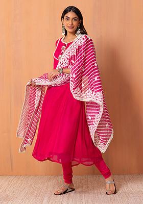 Hot Pink Anarkali Kurta With Churidar And Embroidered Dupatta (Set of 3) 