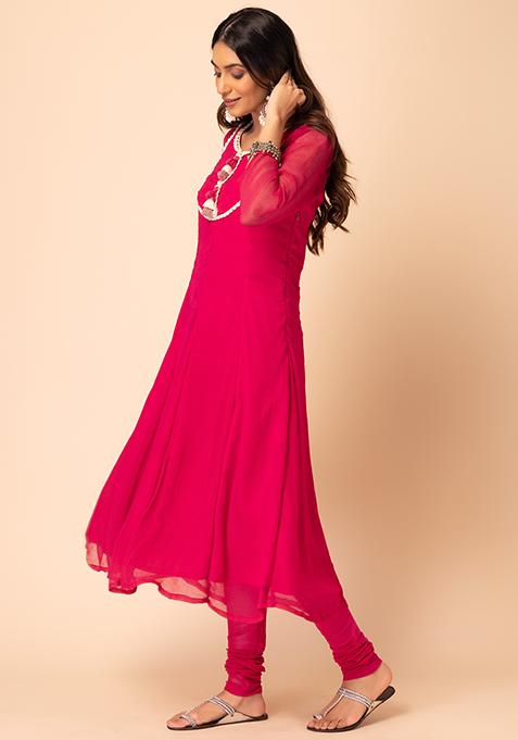 Women's Pink Chinon Embroidered Anarkali Kurta With Dupatta
