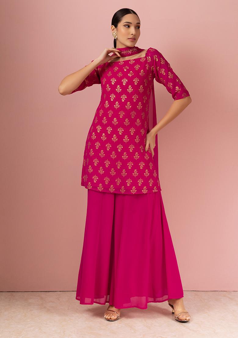 INDYA Women's Georgette Regular Pink Foil Flared High Slit Kurta (ITN03712  L) : Amazon.in: Fashion