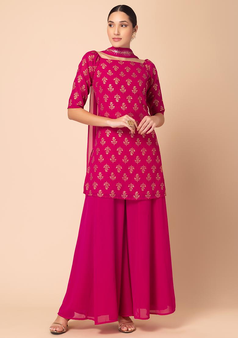 Hot Pink Sharara With Foil Print Kurta And Dupatta (Set of 3)