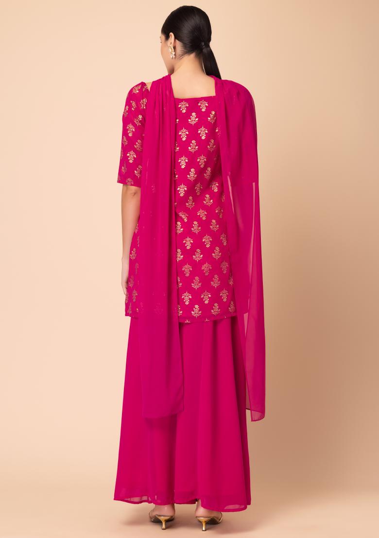 Hot Pink Sharara With Foil Print Kurta And Dupatta (Set of 3)