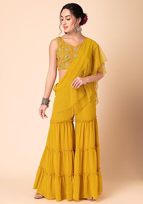 Yellow Sharara With Embroidered Blouse And Attached Dupatta (Set of 2)