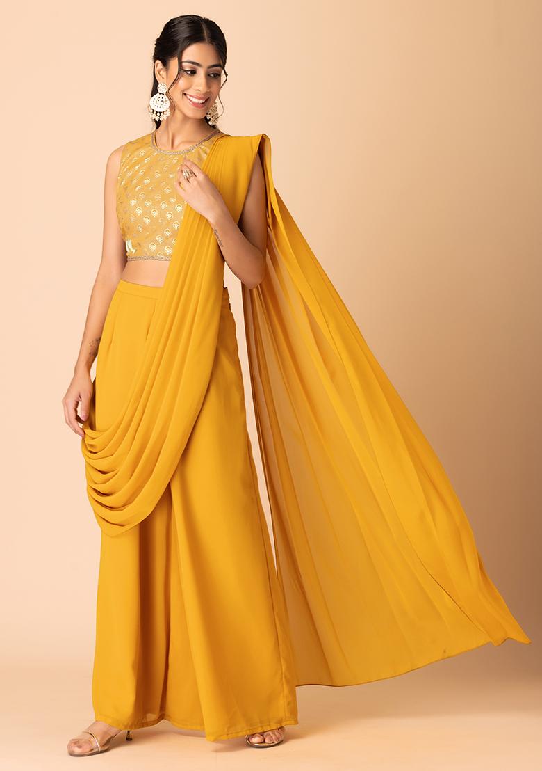 Mustard Yellow Draped Palazzo And Foil Print Blouse (Set of 2)