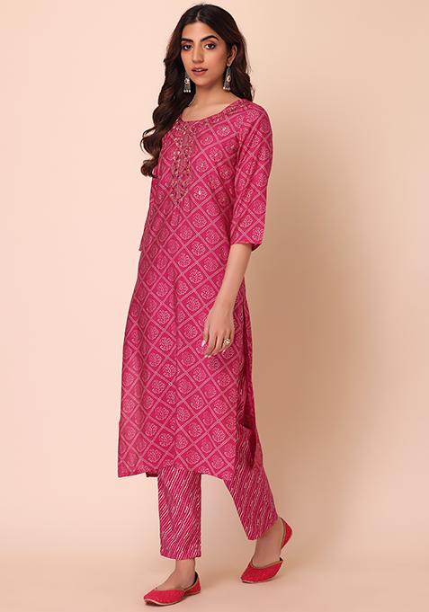 Women Powder Pink Chanderi Printed KurtI With Pant And Duppata Set