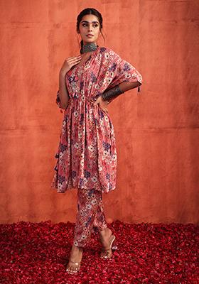 Orange Muslin Kimono Short Kurta With Printed Pants (Set of 2)