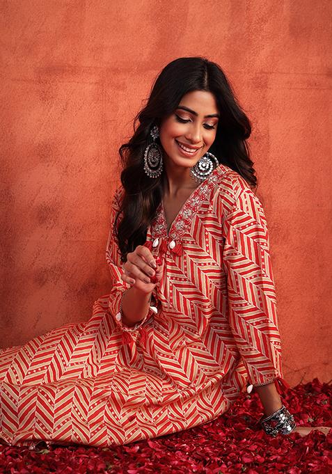 Women  Peach  Floral Printed Embroidered Kurta Paired With Chevron Printed Bottom And Dupatta