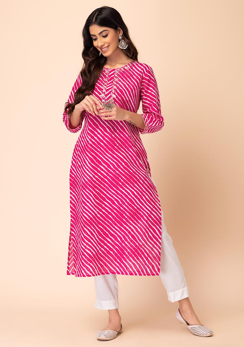 Pink Leheriya Print Embroidered Cotton Kurta With Pants (Set of 2)   - Indya