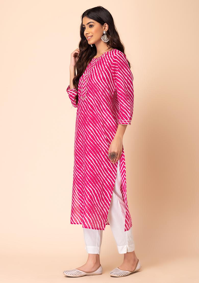 Pink Leheriya Print Embroidered Cotton Kurta With Pants (Set of 2)   - Indya