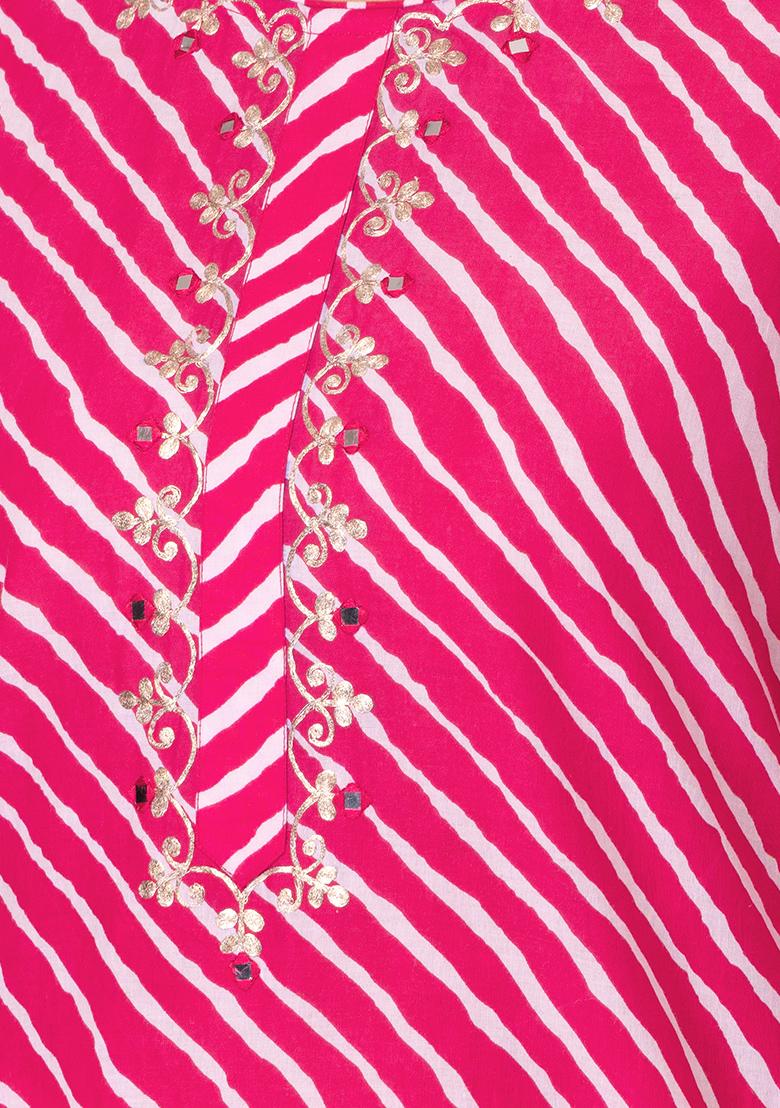 Pink Leheriya Print Embroidered Cotton Kurta With Pants (Set of 2)   - Indya