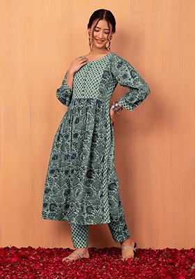 Pastel Green High-Slit Cotton Kurta With Pants (Set of 2)