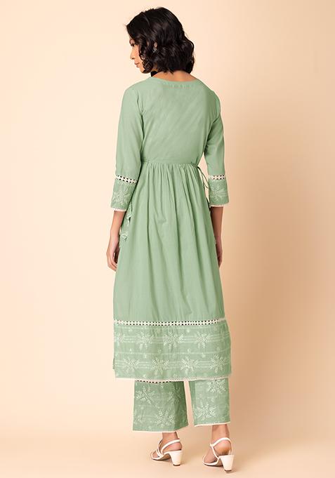 Green Embroidered Pure Cotton A-Line Kurta Trouser Set main image 1