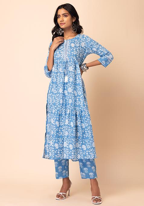 Women Blue Stripes Cambric Front Button Kurta With Pencil Pants