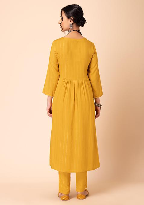 Women Yellow Embroidered High Slit Thread Work Kurta with Trousers