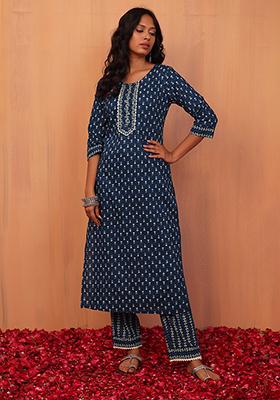 Navy Blue Embroidered Cotton Kurta And Pants (Set of 2)
