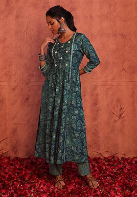 Teal Blue Printed Muslin Kurta And Pant(Set of 2)