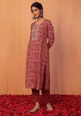 Red Floral Jaal Print Cotton Kurta And Pants (Set of 2)
