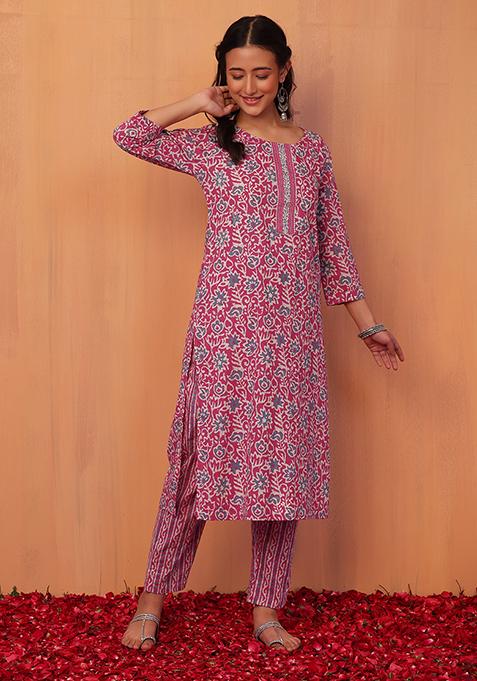Pink All-Over Floral Print Cotton Straight Kurta With Pants (Set of 2)