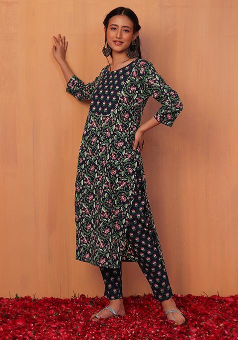 Navy Blue Floral Jaal Print Kurta With Printed Pants (Set of 2)