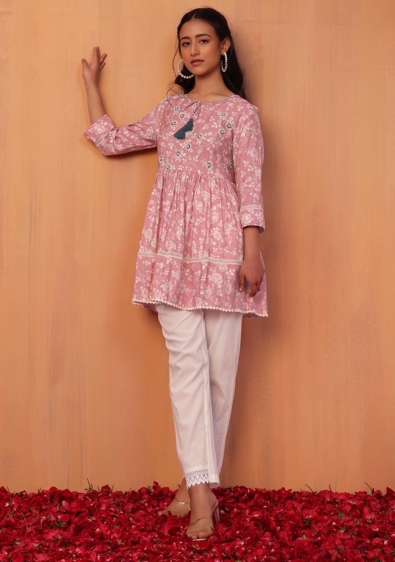 Buy Women Pink Floral Print Muslin Short Kurta And Pants Set Of 2   Everyday Ethnic  Indya