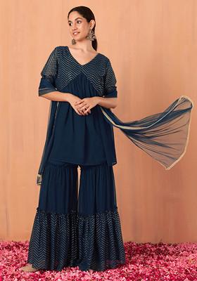 Teal Blue Tiered Sharara With Chevron Foil Print A-Line Kurta And Dupatta (Set of 3)