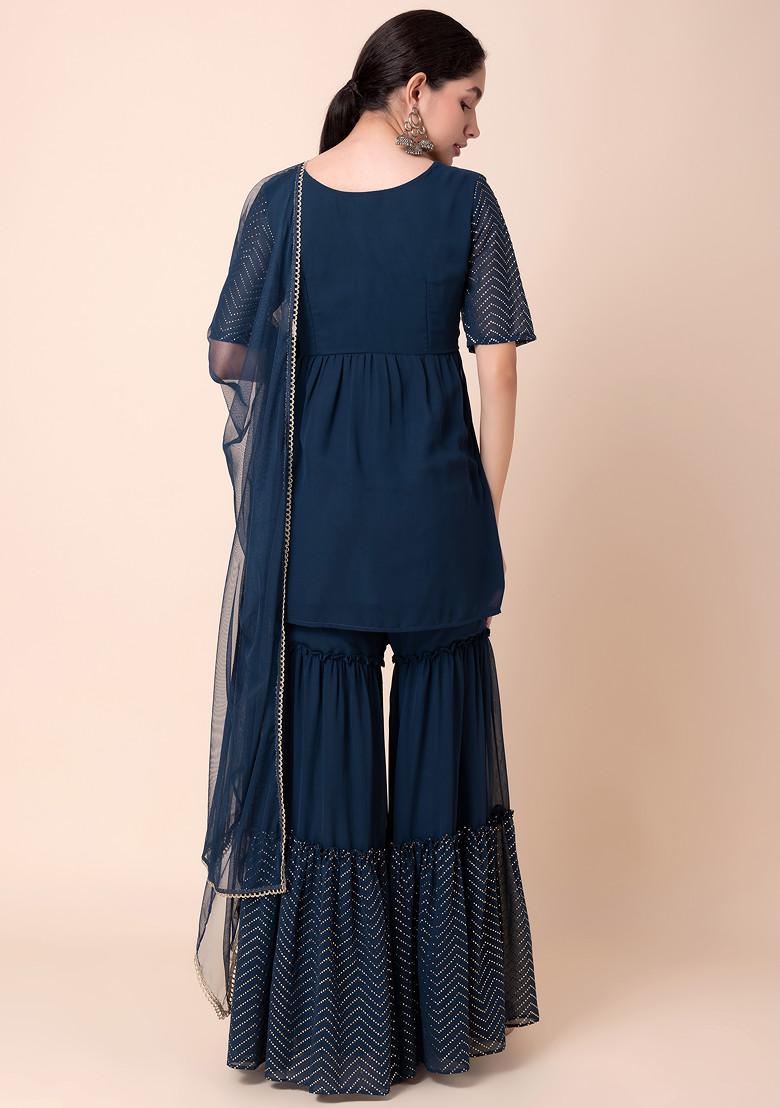 Teal Blue Tiered Sharara With Chevron Foil Print A-Line Kurta And Dupatta (Set of 3)