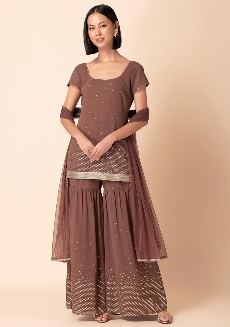 Dusty Pink Foil Print Sharara With Short Kurta And Dupatta (Set of 3)