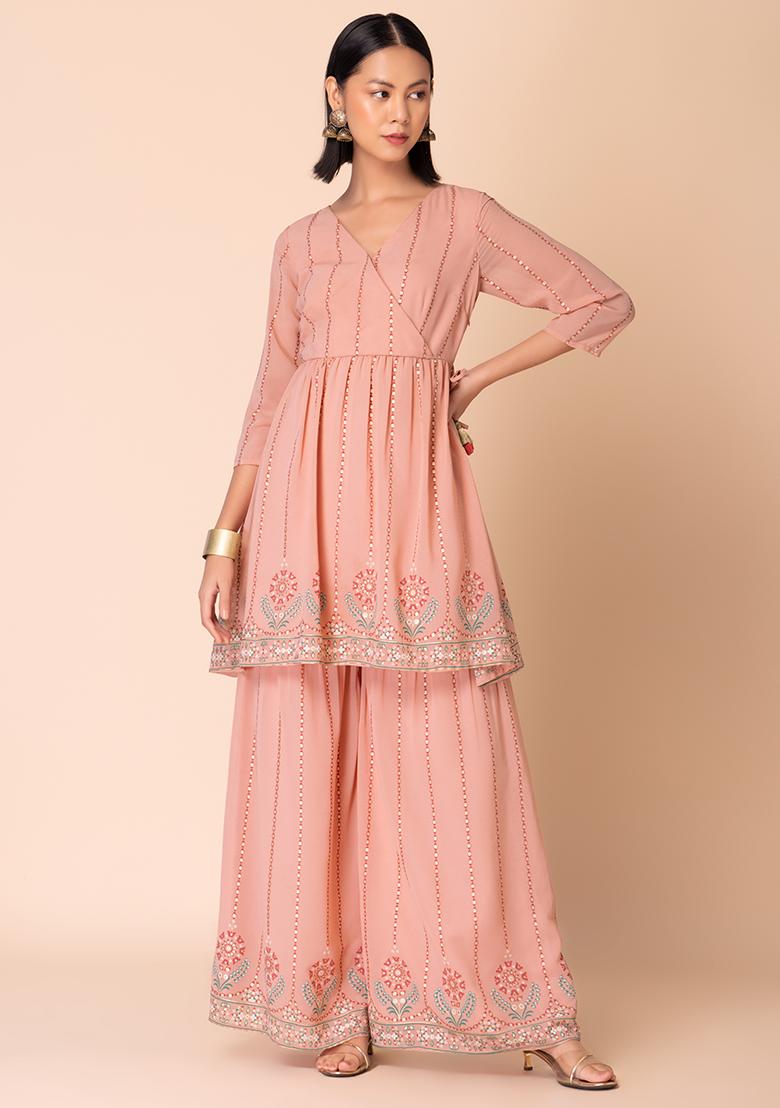 Light Pink Floral Foil Print Sharara With Angrakha Kurta (Set of 2)