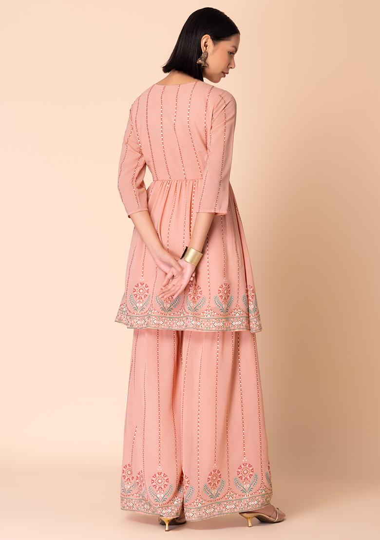 Light Pink Floral Foil Print Sharara With Angrakha Kurta (Set of 2)