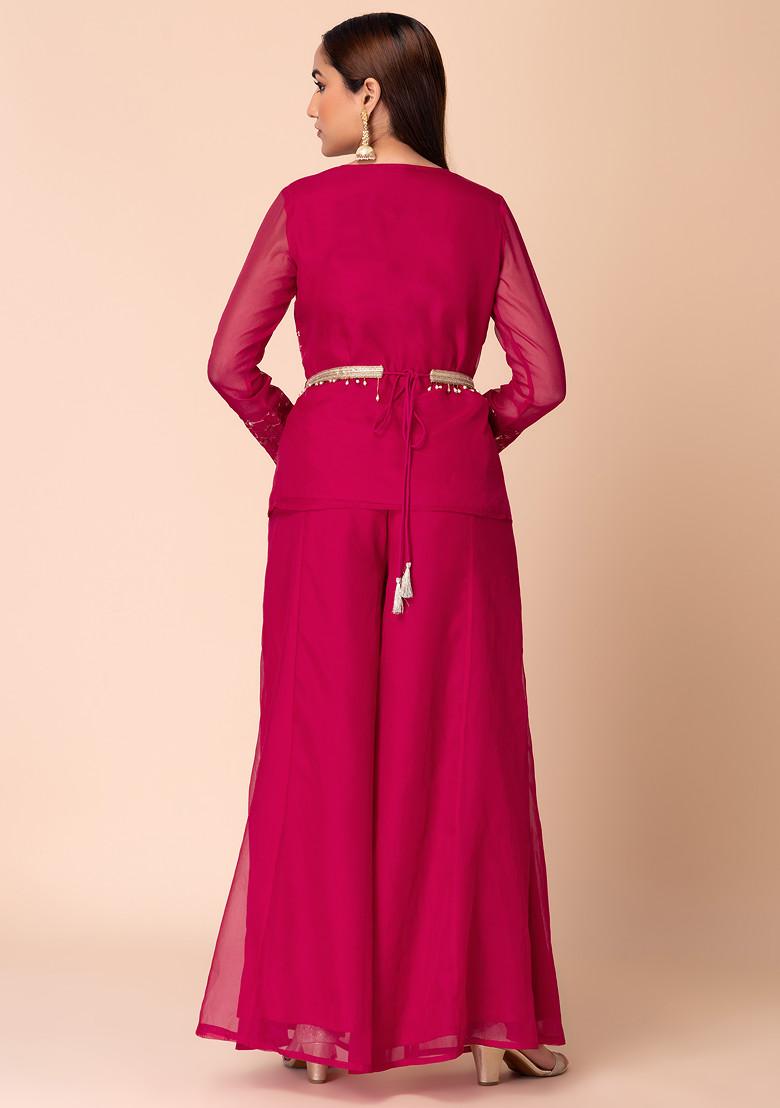 Dark Pink Mirror Thread Embroidered Kurta With Palazzo And Belt (Set of 3)