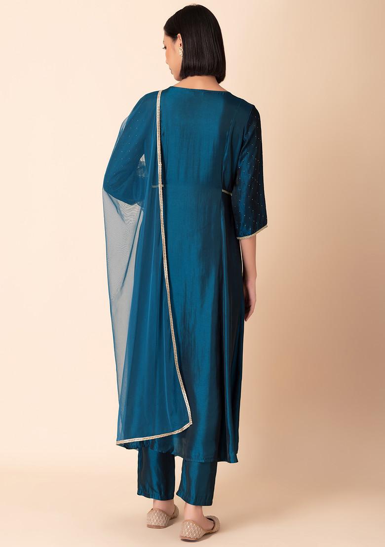 Teal Blue Satin A-Line Kurta And Pants (Set of 2)