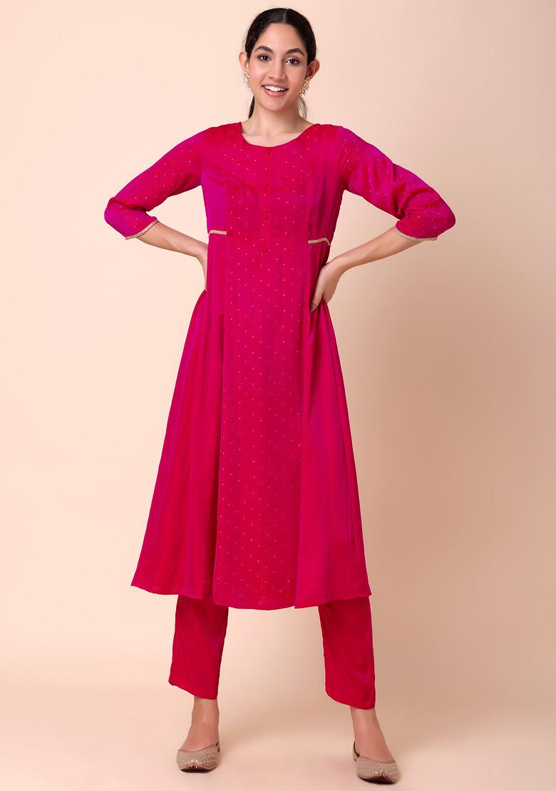 Hot Pink Satin A-Line Kurta And Pants (Set of 2)