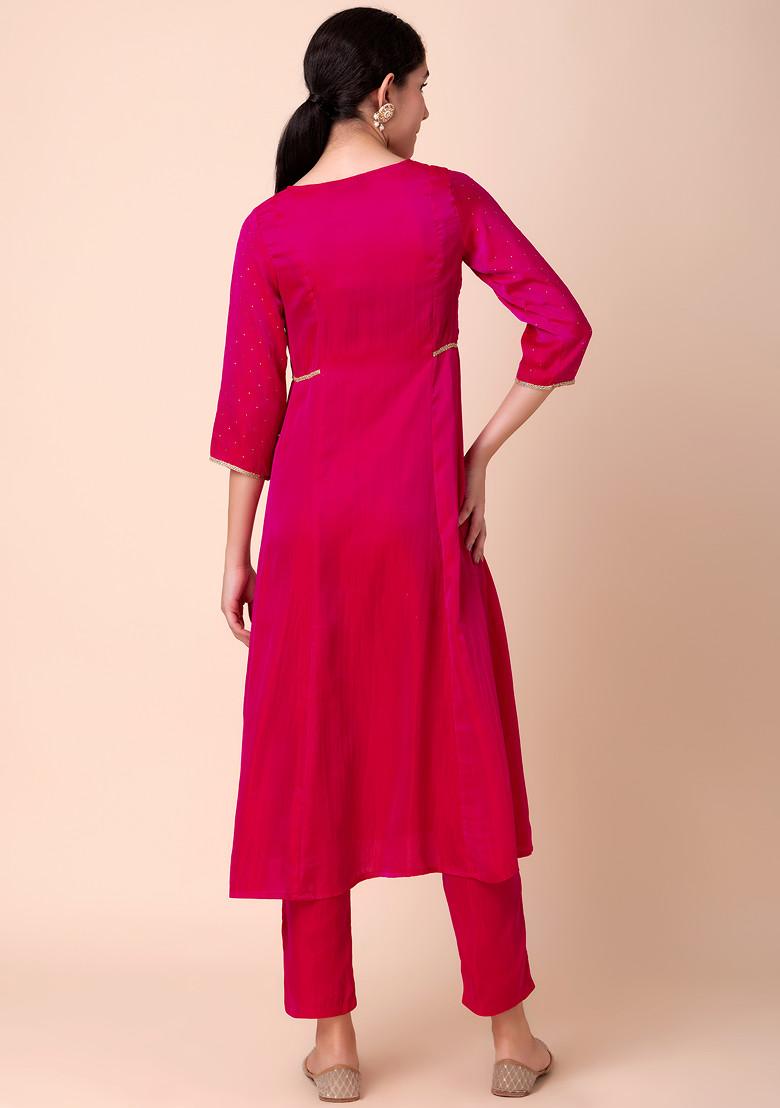 Hot Pink Satin A-Line Kurta And Pants (Set of 2)