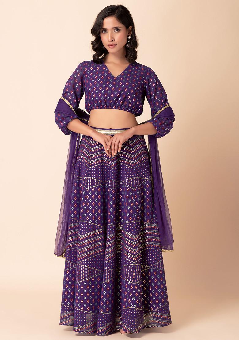 Purple Multicolour Ikat Print Lehenga With Blouse And Dupatta (Set of 3)