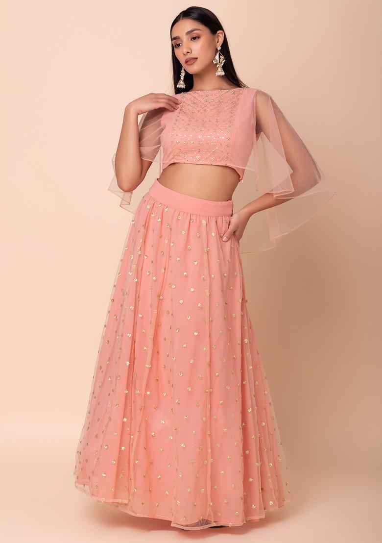 Light Pink Zari Sequin Embroidered Lehenga With Embroidered Blouse And Attached Cape (Set of 2)