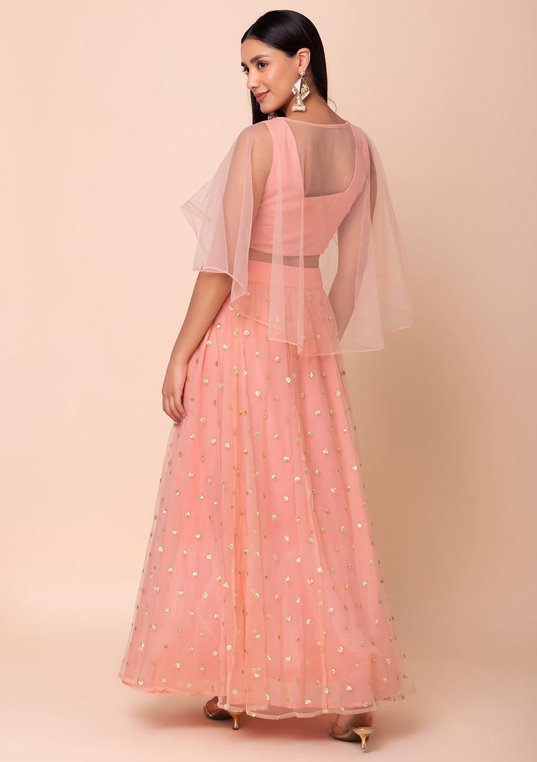Light Pink Zari Sequin Embroidered Lehenga With Embroidered Blouse And Attached Cape (Set of 2)