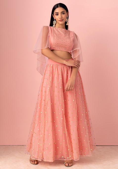 Light Pink Zari Sequin Embroidered Lehenga With Embroidered Blouse And Attached Cape (Set of 2)